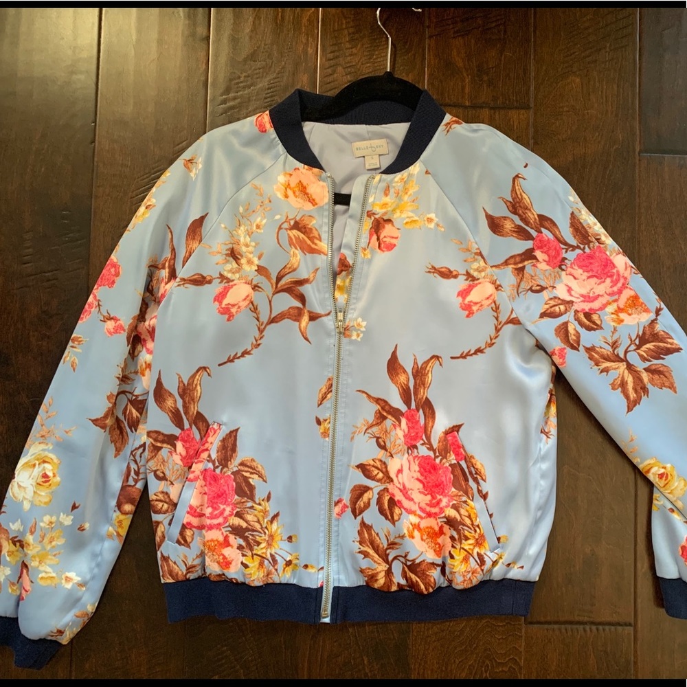 Belle Sky - silky blue floral bomber jacket